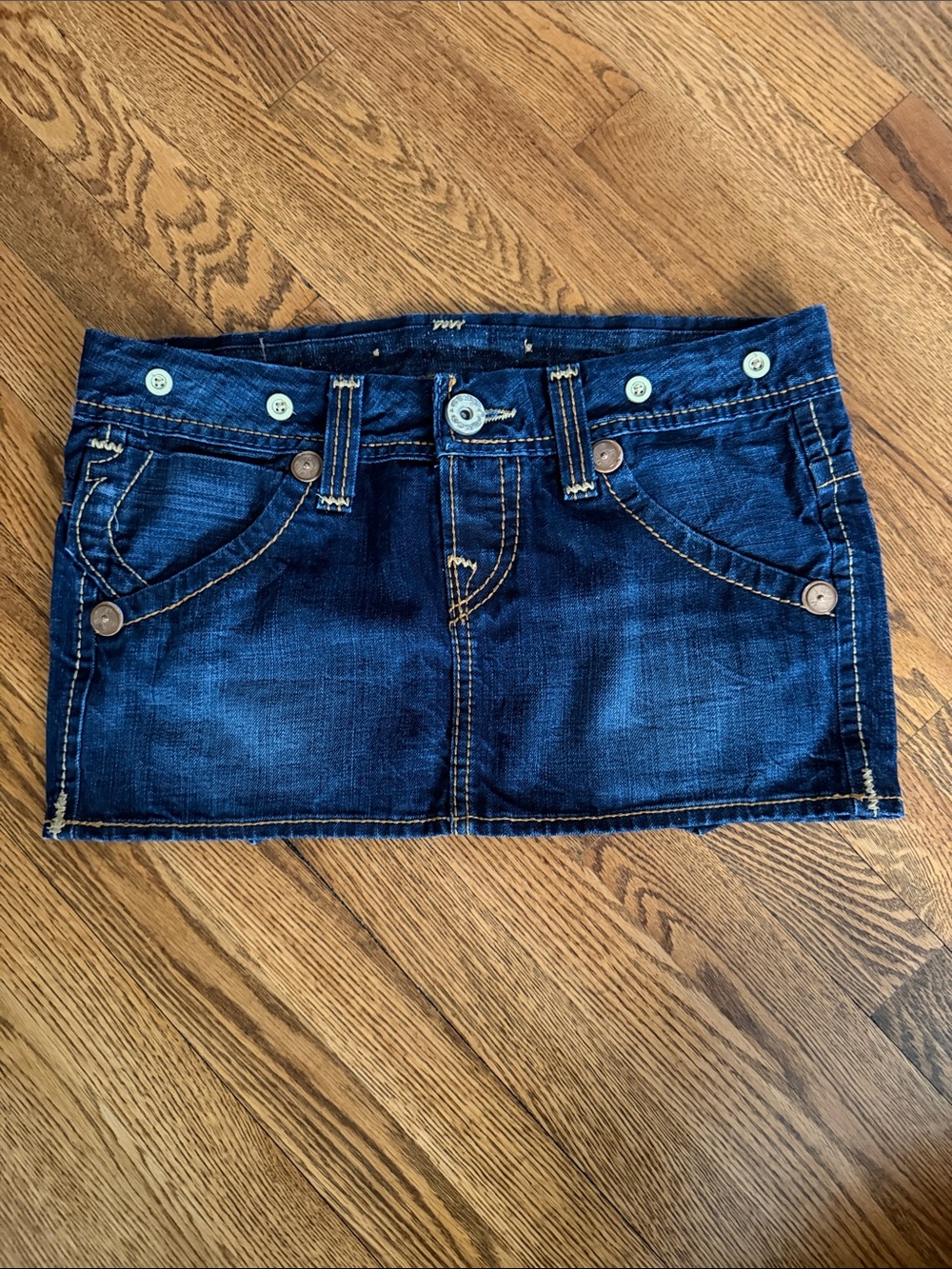 Vintage Y2K True Religion Blue Denim Mini Skirt with Contrast Stitching